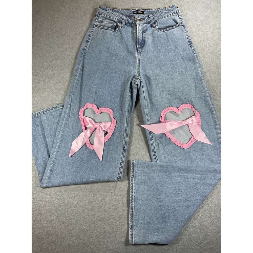 Hot Topic Pink Heart Lace Bow Wide Leg Jeans Light Wash Denim Size 3 P55